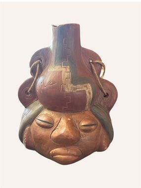 Vintage 1997 Handmade Chile Ceramic Face Sculpture Brown Decor Folk Art -Chipped